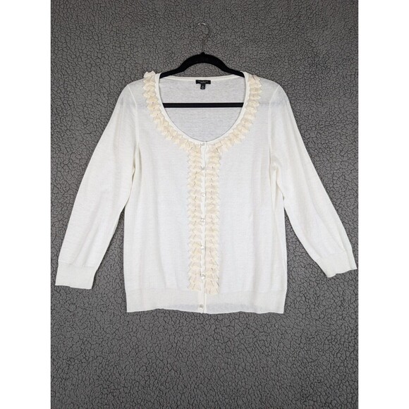 Talbots White Ruffle Front Cardigan Sweater Sz M Cream Pearl Buttons Linen Blend - Picture 1 of 10